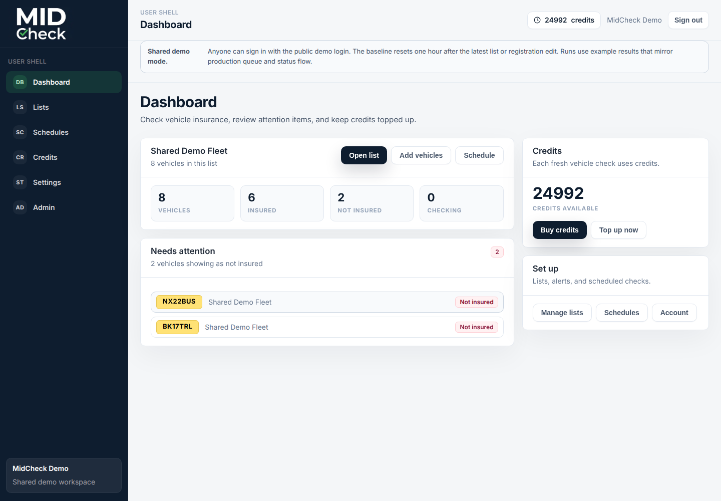 MIDSure product screen for vehicle lists, checks, credits, and reports.