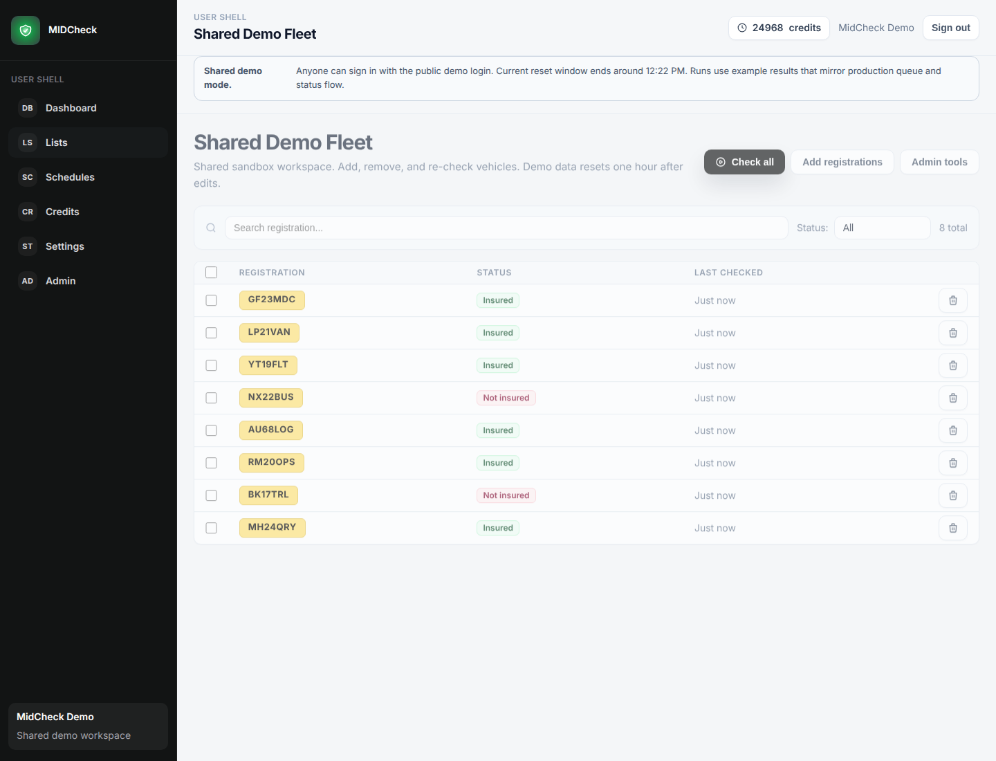 MIDSure product screen for vehicle lists, checks, credits, and reports.